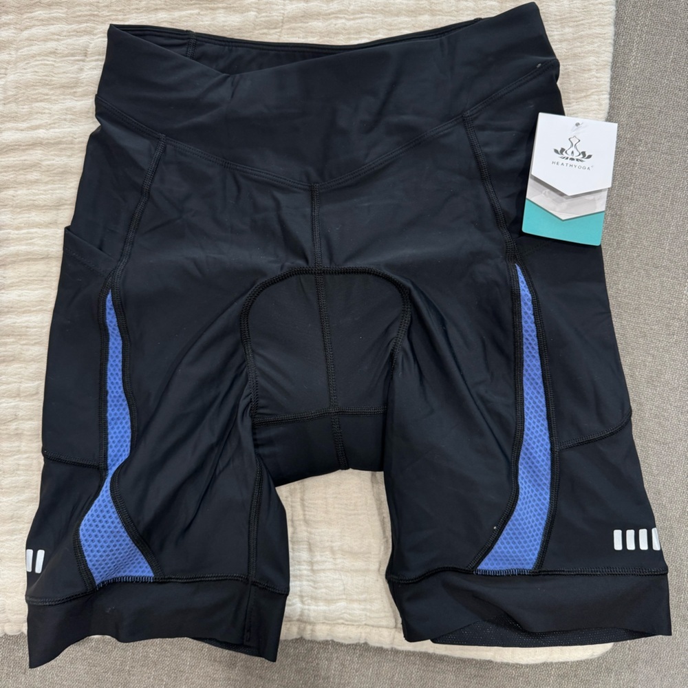 NWT Heathyoga Black Cycling Shorts‎ with Blue Accents